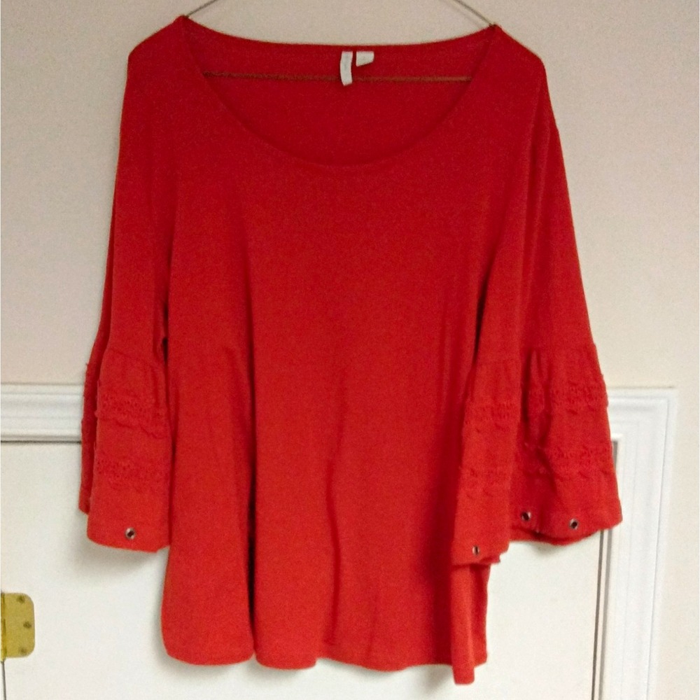 Cato Red Solid Scoop Neck Tunic Top 3/4 Bell Sleeve Eyelet Ruffle L